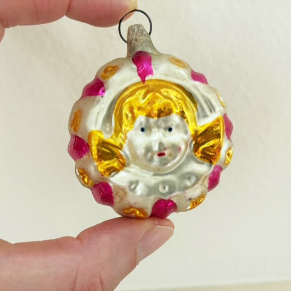 Vintage Cherub Angel Face Glass Figural Embossed Christmas Ornament Germany?